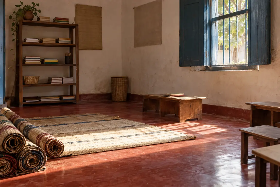 A quiet, empty learning room with cotton mats, low desks, a bookshelf and sunlight through blue wooden shutters.