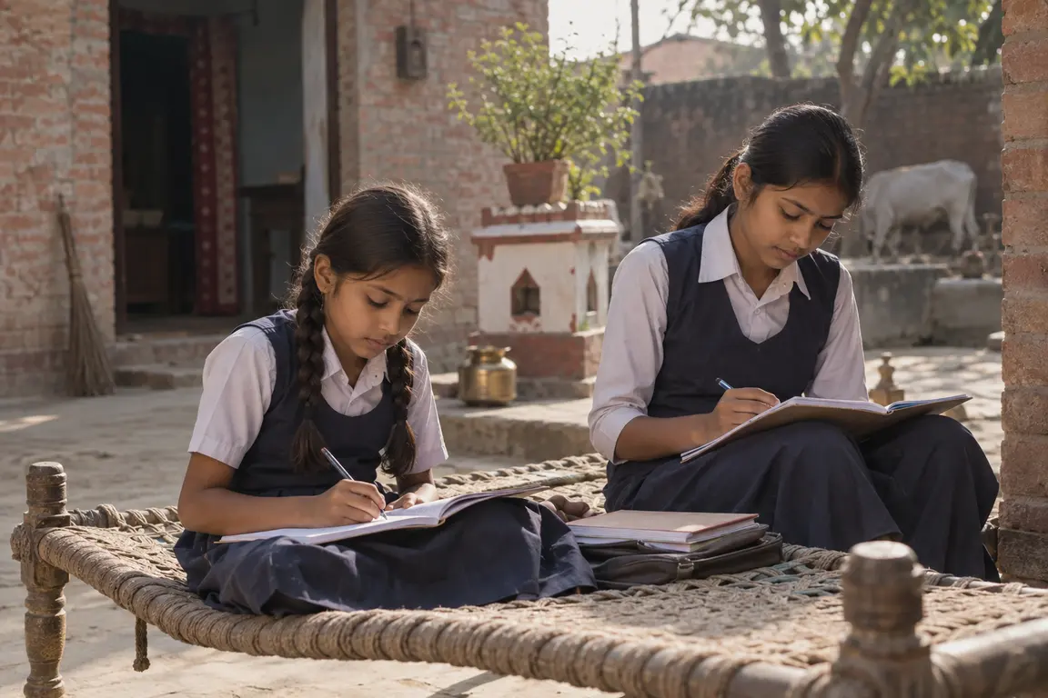 Two sisters in school uniform doing homework on a woven cot in a sunlit courtyard.